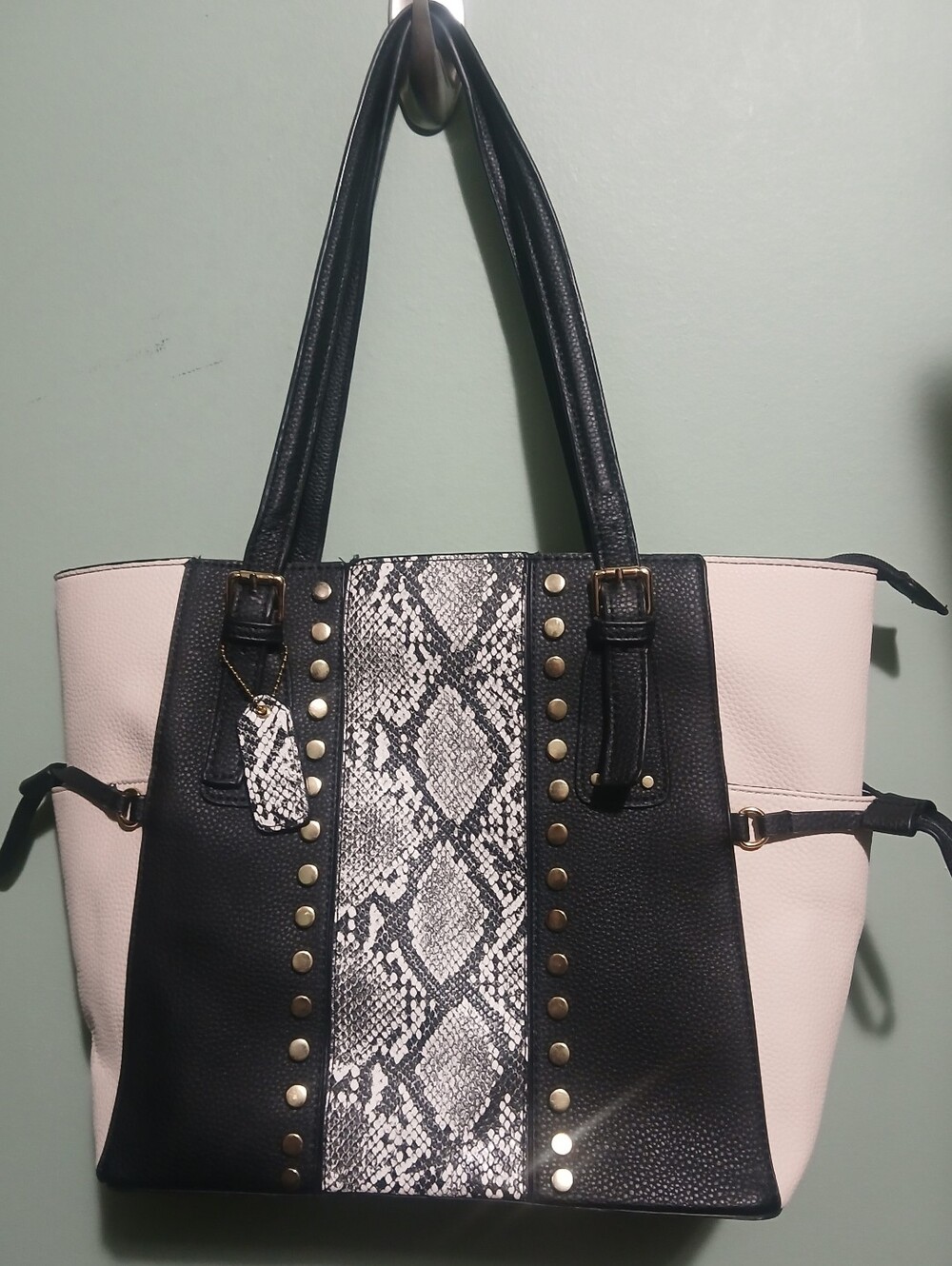 Leather Tote with Snake-Print Accent
